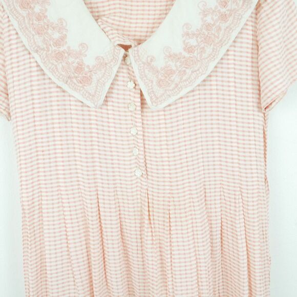 Vintage Size 6 Dress Embroidered Collar Pink Gingham Cottagecore 90s Dainty Midi - Picture 5 of 10